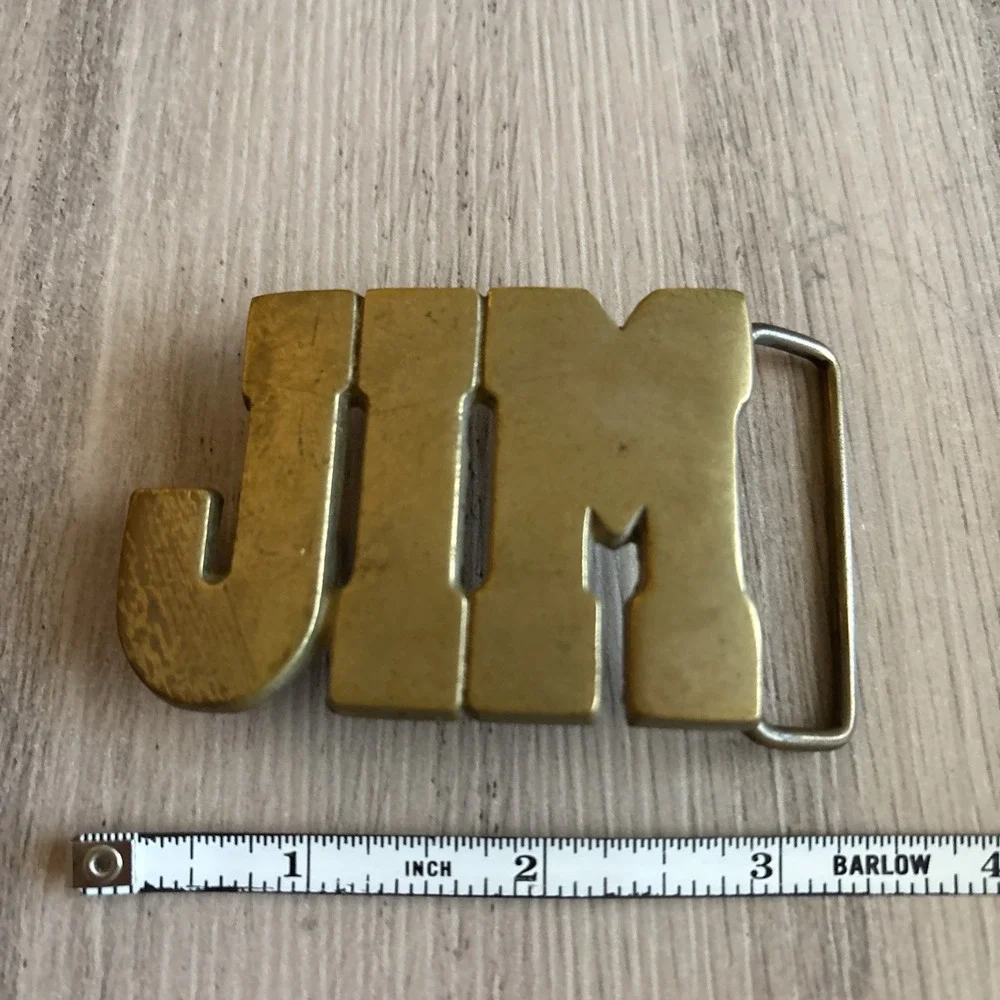 VTG Belt Buckle 70s Cut Spell Out Solid Brass Name “JIM” Taiwan PATINA
